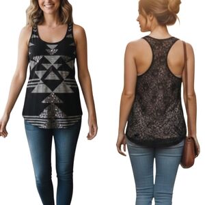 Express Sequin Tank Top Womens Medium Black Tribal Print Sheer Lace Racerback